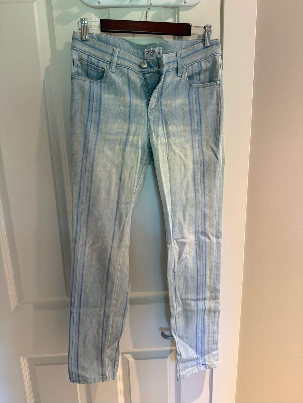 CHANEL Light Blue Denim Zip-Front Jeans